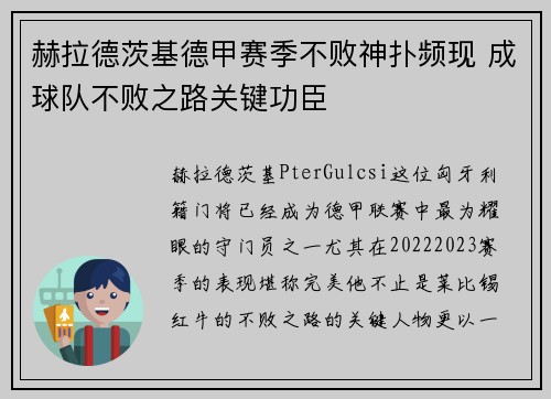 赫拉德茨基德甲赛季不败神扑频现 成球队不败之路关键功臣 赫拉德茨基德甲赛季不败神扑频现 成球队不败之路关键功臣